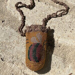 handmade beaded reticule bag bee design tiny coin purse lace trim antique(?)